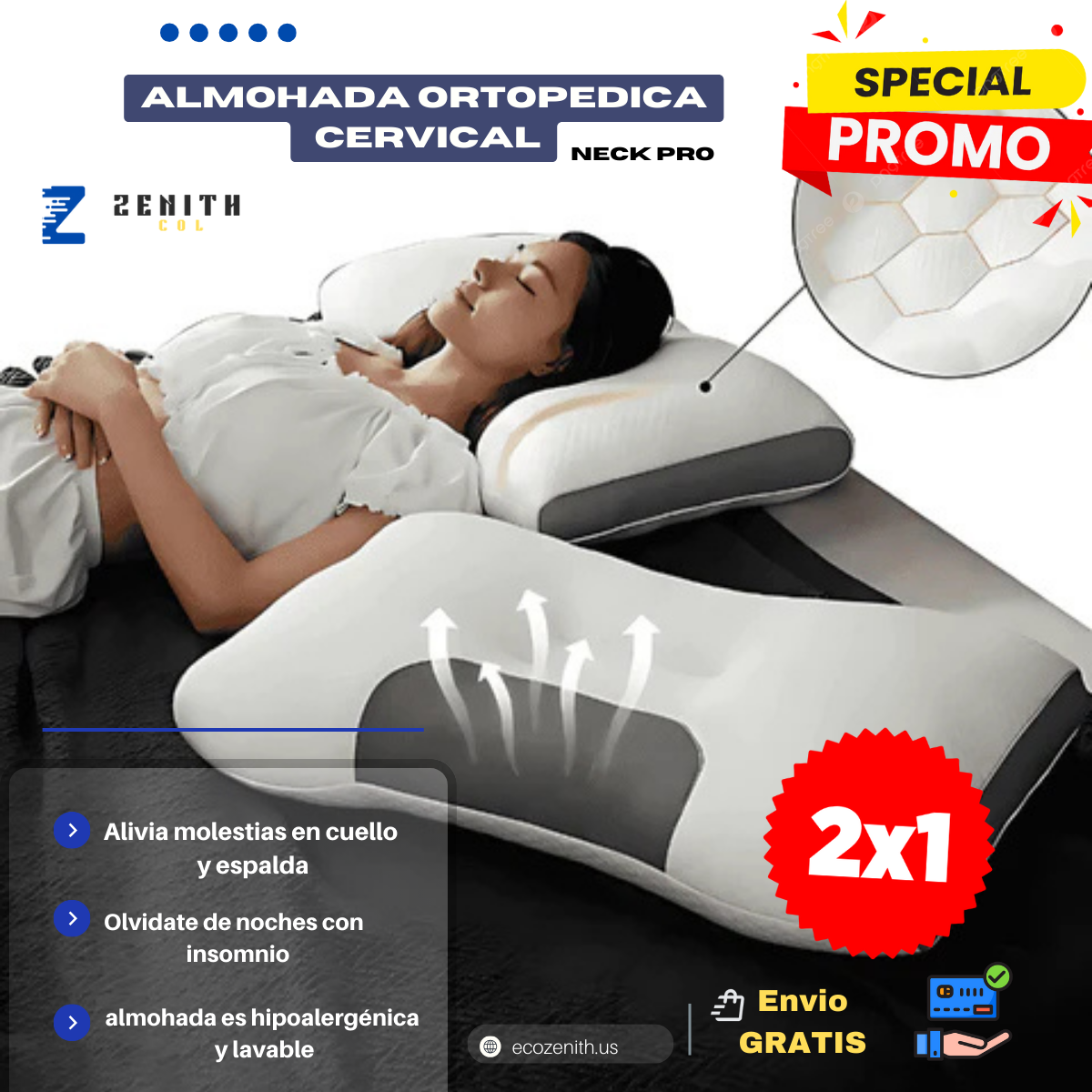 ALMOHADA ORTOPEDICA CERVICAL NeckPro 2X1 + ENVIO GRATIS