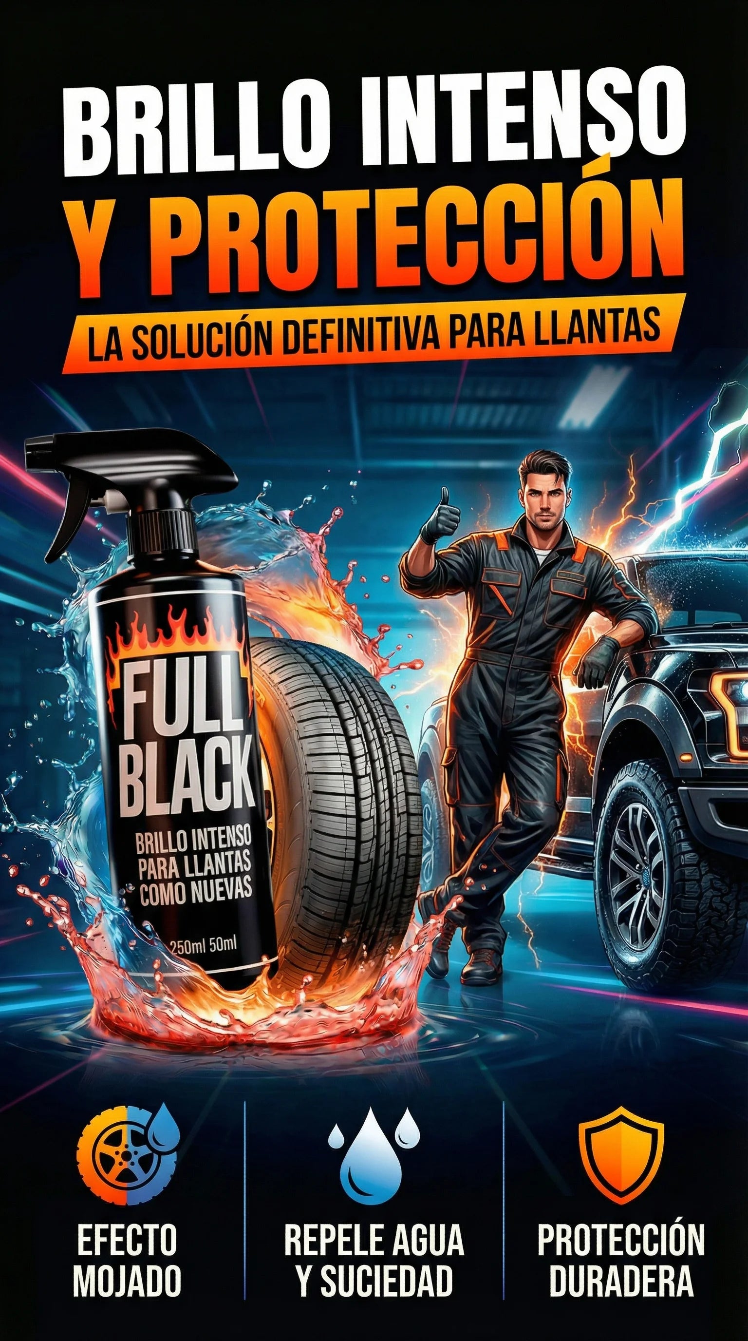 FULL BLACK PRO Negro intenso que revive y transforma tus llantas al instante.